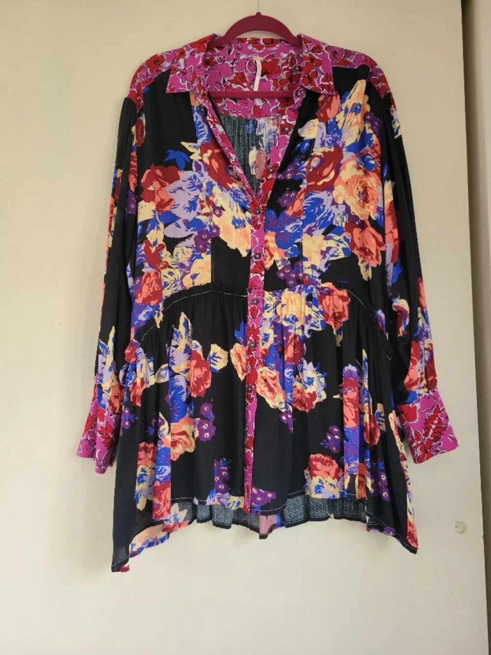 Free People Mixed Floral Babydoll Button Top Boho Versatile Festival Black Sz S